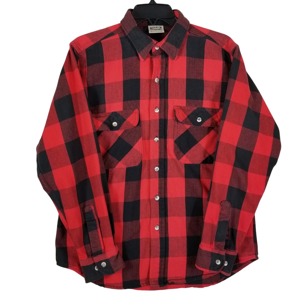 VTG Five Brother Men Red Black Buffalo Plaid Flannel Shirt Cotton Button Down L
